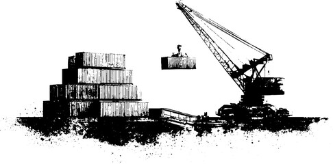 Obraz premium Industrial shipping crane and cargo in black and white for urban design