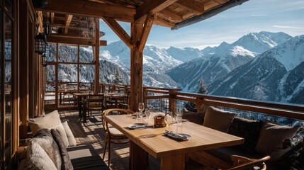 Luxury Ski Resort. Alpine Mountain Eatery with Table and Spectacular Landscape View