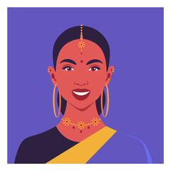 Vector portrait of a smiling Indian woman in traditional attire. She is wearing a sari with golden jewelry: necklace, earrings, bindi on the forehead and hair ornament. Flat minimal illustration style
