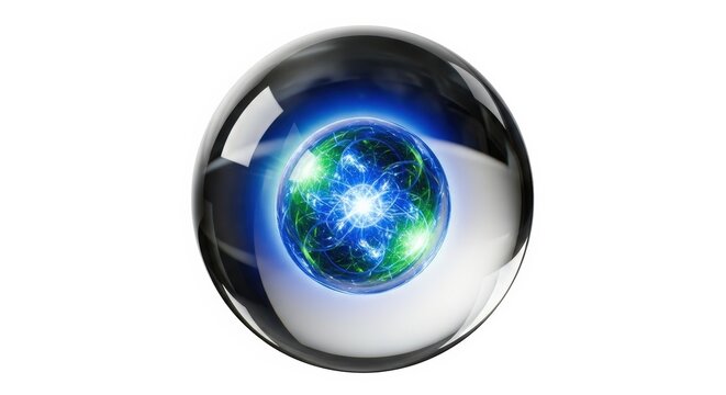 A reflective glass sphere with a glowing blue and green core, creating a futuristic and abstract design.