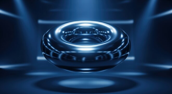 A shiny, metallic blue torus shape floating in a futuristic, illuminated space.
