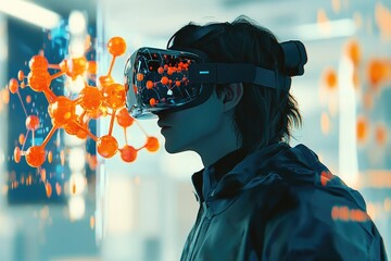 A person wearing a VR headset interacts with a 3D model of a molecule, exploring scientific visualization.