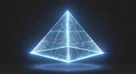A glowing, futuristic, wireframe pyramid hologram on a transparent background.