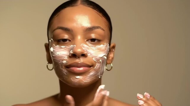 Attractive Young African American Woman Applies Cream Facial Mask With A Gentle Smile During Her Beauty Routine Against Smooth Background For Radiance Skin And Personal Well Being - Powered by Adobe