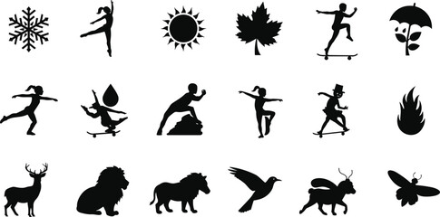 Black silhouette icons collection featuring snowflake, dancer, sun, leaf, skateboarder, umbrella, fire, deer, lion, horse, bird, fantasy creature, bee, nature, outdoor activity