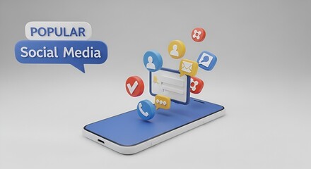 Smartphone displaying popular social media icons floating above the screen in a digital rendering