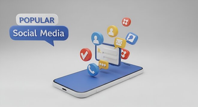 Smartphone displaying popular social media icons floating above the screen in a digital rendering