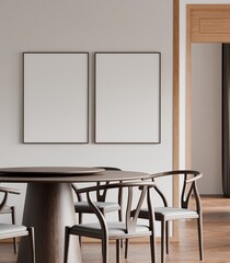 Frame poster wall art mockup in a minimalist modern dining room interior. 3D render