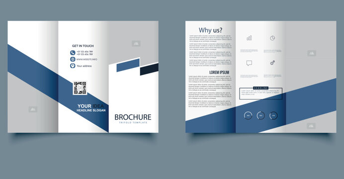 Professional corporate trifold brochure vector template with modern geometric design in blue, gray, and white colors. Clean layout suitable for company profile, business promotion, marketing.