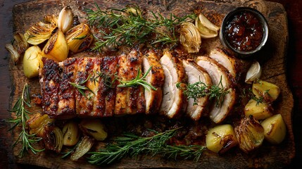 A rustic board with slices of porchetta, roasted garlic, rosemary, and apple compote, dark surface, centered top-down