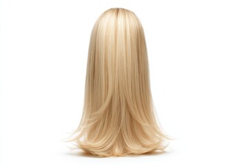 Naklejka premium A long light blonde wig on a white background the hair straight and flowing with a layered cut at the bottom
