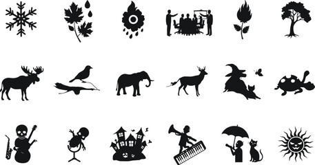 Black silhouette icons collection including nature, animals, Halloween, music, people, sun, umbrella, tree, bird, elephant, moose, witch, cat, haunted house vector set.