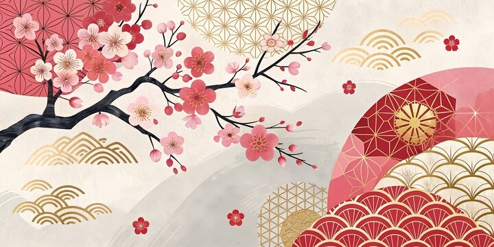 Stunning floral design with cherry blossoms and golden patterns illustrating Japanese art aesthetics in a serene composition ai, cherry, blossoms, floral, design, japanese, art, gold, patterns, serene
