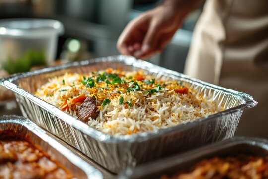 A large aluminum container filled with delicious and aromatic biryani, garnished with fresh parsley.