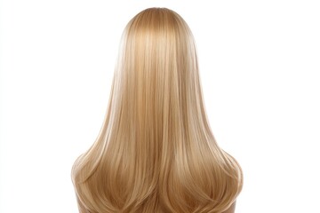Fototapeta premium Back view of long straight light blonde hair styled in a simple flowing manner against a plain white background