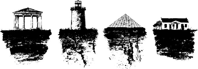 Fototapeta premium Abstract black and white stencil set featuring ancient and modern structures for design and decor
