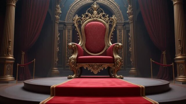 A royal throne sits on a high platform with a red carpet leading to it flanked by velvet curtains and ornate columns. 4k videos