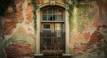 Decaying Elegance: Rustic Facade with Broken Window and Lush Greenery evokes urban decay