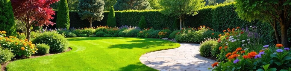 Fototapeta premium A lush, vibrant backyard oasis featuring meticulously manicured lawns, colorful flowerbeds, and a charming stone patio Perfect for relaxation and outdoor entertaining , flowers, relaxation