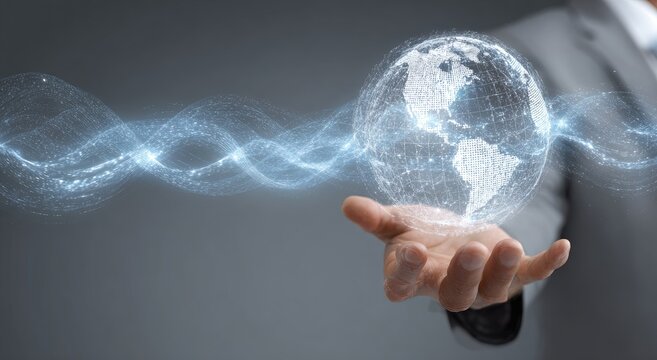 Businessman Holding a Luminous Digital Earth Representing Global Technology.