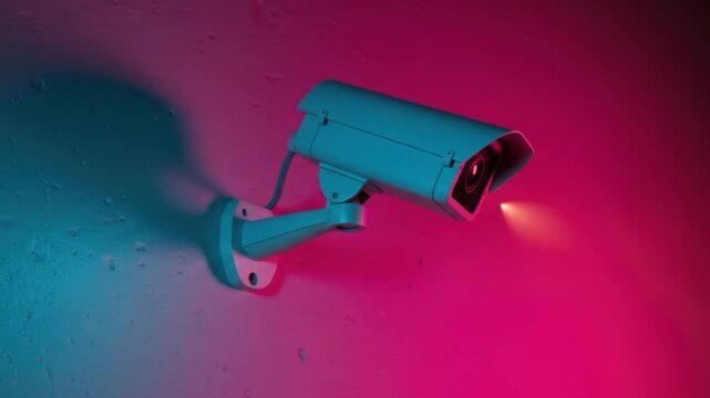 Security camera on colorful wall futuristic surveillance technology concept