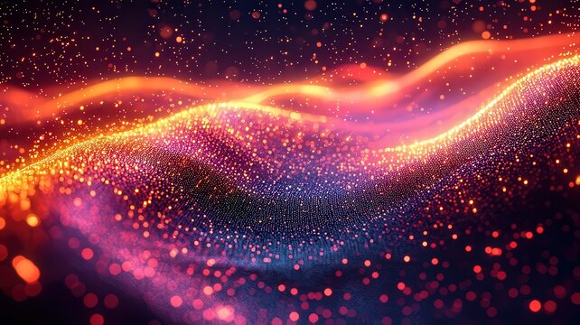 Vibrant abstract waves of ight and particles creatin a mesmerizing flow, perfet for tech, music, or creaive design themes.