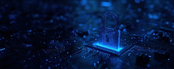 A glowing digital padlock symbolizes cybersecurity, set against a dark, technical background of circuit patterns and blue lights.