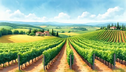 Naklejka premium Watercolor painting rolling green vineyard hills with Tuscan farmhouses nestled in distance. Rows of grapevines stretch towards horizon under blue sky. Sunny day in rural countryside perfect for wine