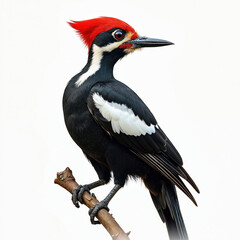 Fototapeta premium Pileated woodpecker perched on branch. Bird features black body, white markings, striking red crest, beak. Clean white background isolates detailed feathered creature. Perfect for nature, wildlife,