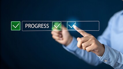 Obraz premium Progress and success achievement concept with person touching digital interface for task project plan, strategy process workflow management, business work team collaboration, and technology innovation