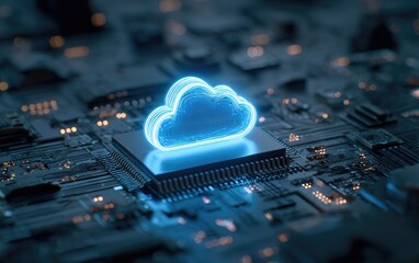 Cloud computing technology concept with a glowing blue icon on a computer processor chip.