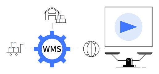 Gear labeled WMS connected to a warehouse, cart, globe, and balance beside a screen with a play button. Ideal for logistics, automation, supply chain, data management, global integration software