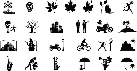 Black silhouette icons collection with snowflake car, skull, leaves, maple, fire, running man, tree, cityscape