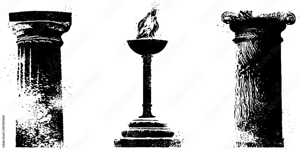 Poster ancient stone columns and torch stencil set for vintage design