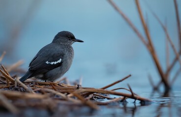 Obraz premium American Dipper bird perched on dry grass near water. Gray feathers, white wing markings. Wildlife in natural habitat during daytime, possible winter scene.
