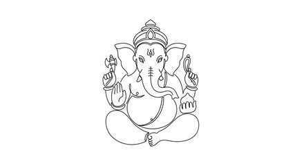 A stylized black and white line drawing depicts the Hindu deity Ganesha seated in a meditative pose, holding symbolic objects in his four hands.