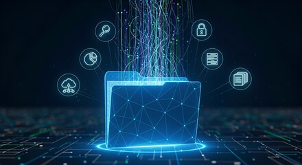 Digital folder with data transfer and related icons floating on a dark background with circuit patterns