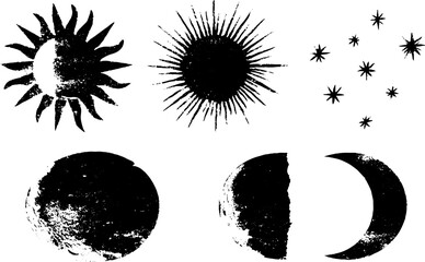Naklejka na ściany i meble Black and white sun and moon stencil set with stars for creative design