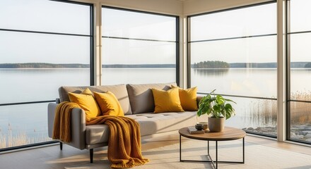 Serene lakeside living room showcasing minimalist design and tranquil water views creating a