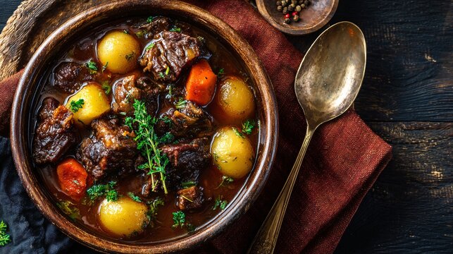 A warm-toned flat lay of oxtail stew with carrots and potatoes, placed on rust-colored fabric, top-right copy space