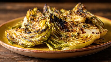 A warm-toned image of charred cabbage wedges with savory anchovy butter, mustard-yellow plate, copy space left