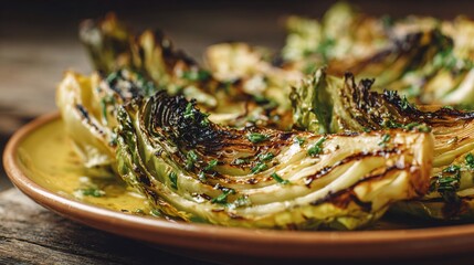 A warm-toned image of charred cabbage wedges with savory anchovy butter, mustard-yellow plate, copy space left