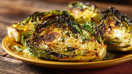 A warm-toned image of charred cabbage wedges with savory anchovy butter, mustard-yellow plate, copy space left