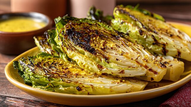 A warm-toned image of charred cabbage wedges with savory anchovy butter, mustard-yellow plate, copy space left