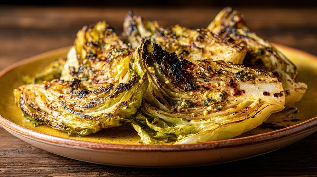 A warm-toned image of charred cabbage wedges with savory anchovy butter, mustard-yellow plate, copy space left