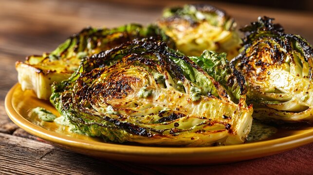 A warm-toned image of charred cabbage wedges with savory anchovy butter, mustard-yellow plate, copy space left