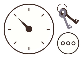 Analog clock with black markings, two keys with ring, and dotted circle representing time, access, and continuity. Ideal for business, precision, access, security minimalism abstract thinking