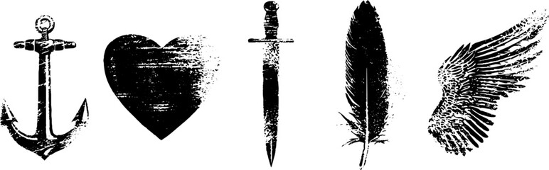 Black and white stencil tattoo set: anchor, heart, dagger, feather, and wings for design