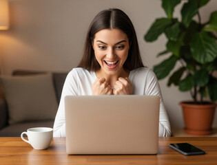 Fototapeta premium A young woman is very happy sitting in front laptop.