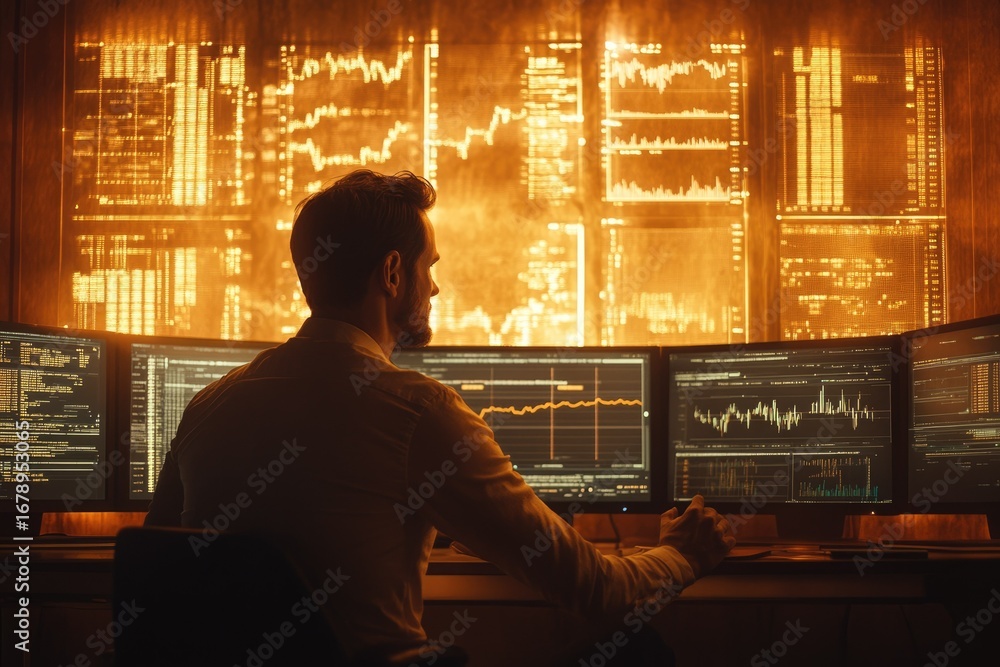 Poster a man sits before multiple monitors displaying stock market data and financial charts, analyzing mar
